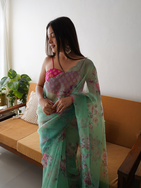 Aqua Green Organza Saree With Blouse Piece