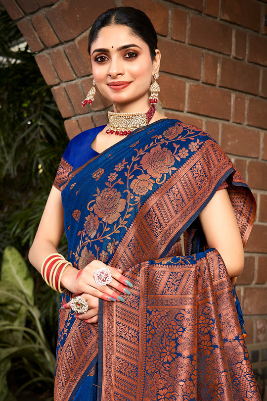 Blue Silk Saree With Blouse Piece