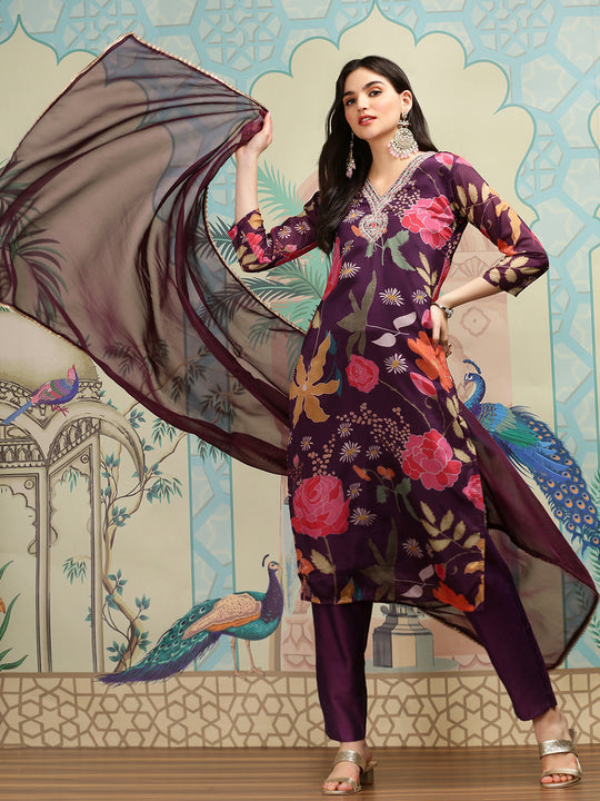 Floral Printed V-Neck Three-Quarter Sleeves Kurta with Trousers & With Dupatta