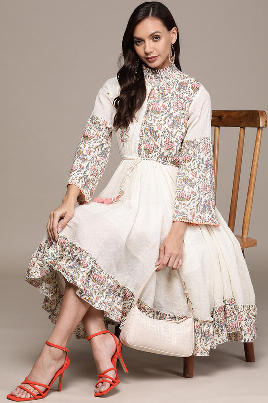 Women's Cream Lurex Waisted Dress