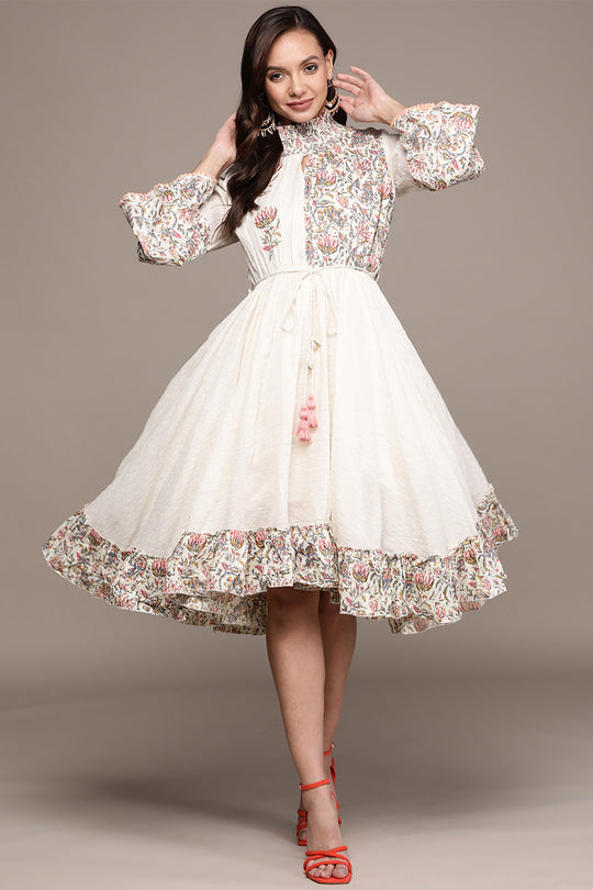 Women's Cream Lurex Waisted Dress