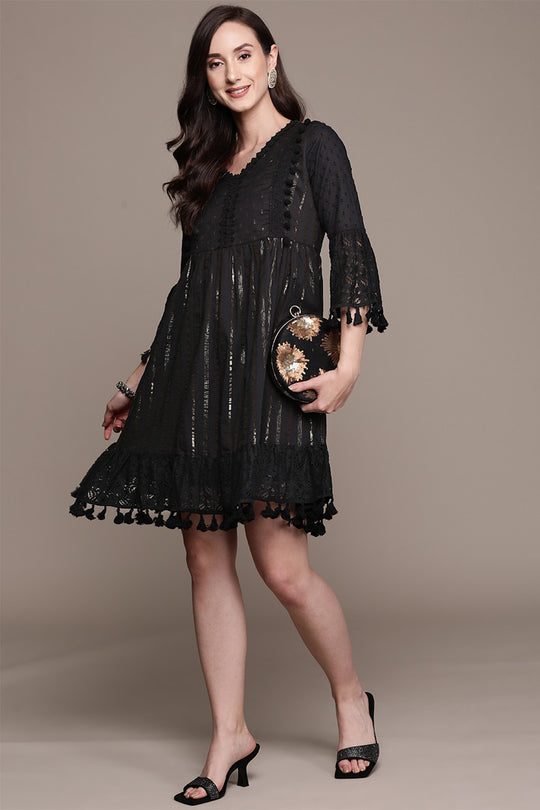 Women's Black Lurex Embellished A-Line Dress