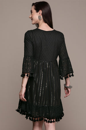 Women's Black Lurex Embellished A-Line Dress