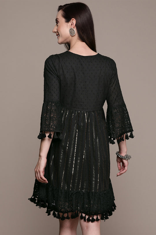 Women's Black Lurex Embellished A-Line Dress