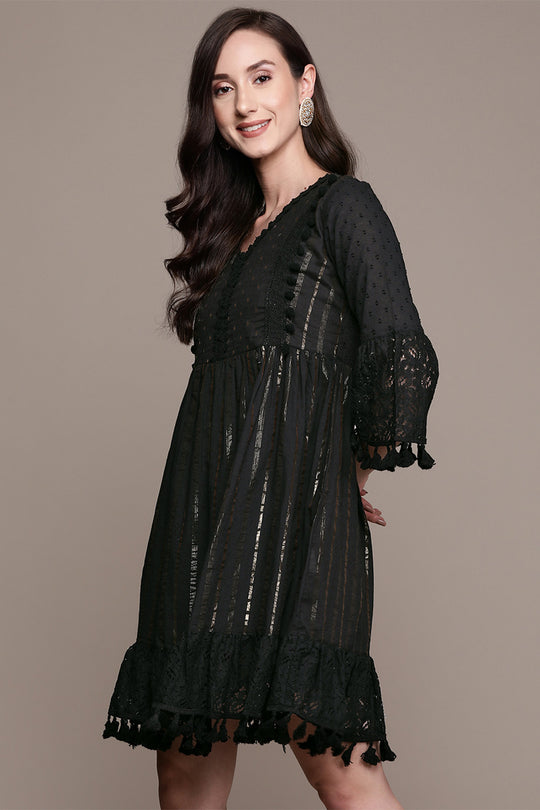 Women's Black Lurex Embellished A-Line Dress