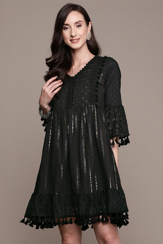 Women's Black Lurex Embellished A-Line Dress