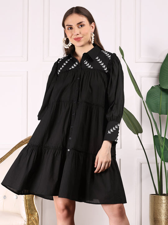 Black Floral Embroidered A-Line Dress