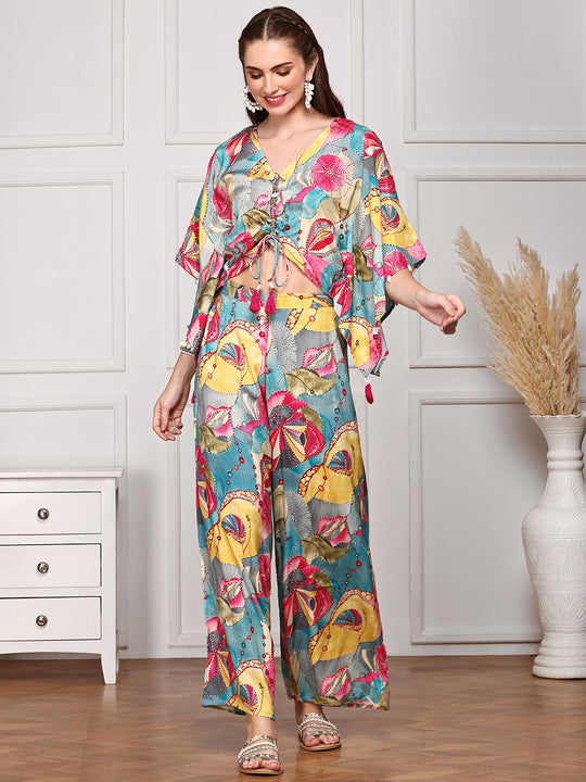 Floral Printed Tie Up Top With Palazzo