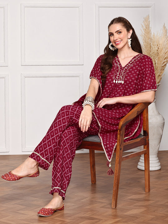 Bandhani Printed Kaftan Top With Trouser