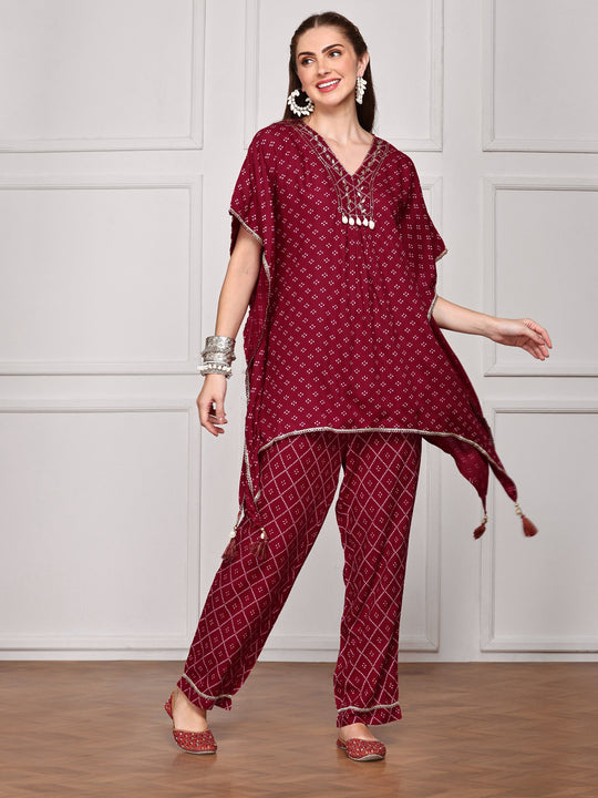 Bandhani Printed Kaftan Top With Trouser