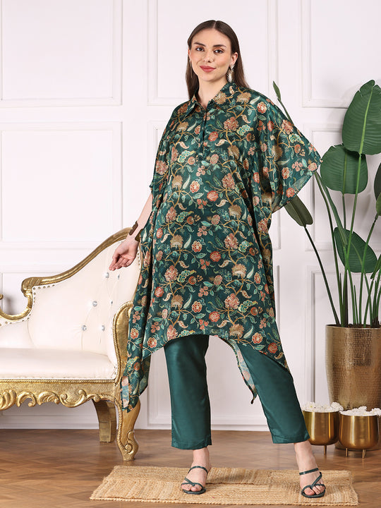 Green Floral Printed Asymmetric Kimono Sleeve Kaftan Kurta with Trousers