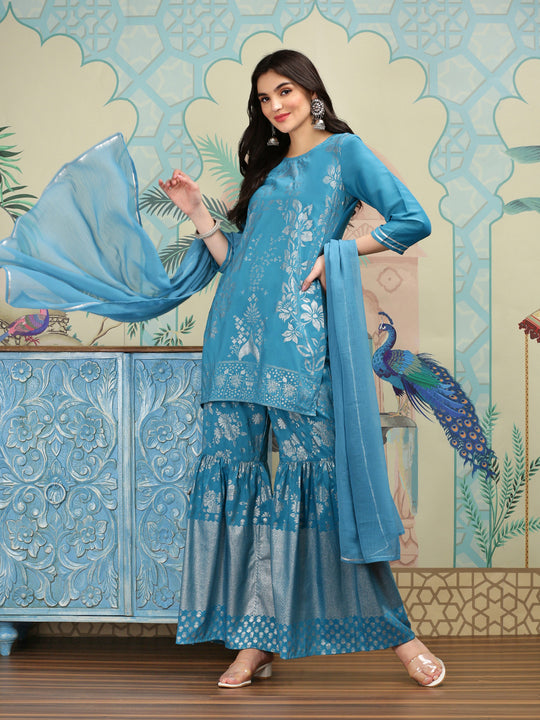 Floral Printed Straight Round Neck Kurti With Sharara & Dupatta