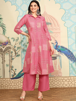 Floral Printed Regular Three-Quarter Sleeves Shirt Collar Kurta with Trousers