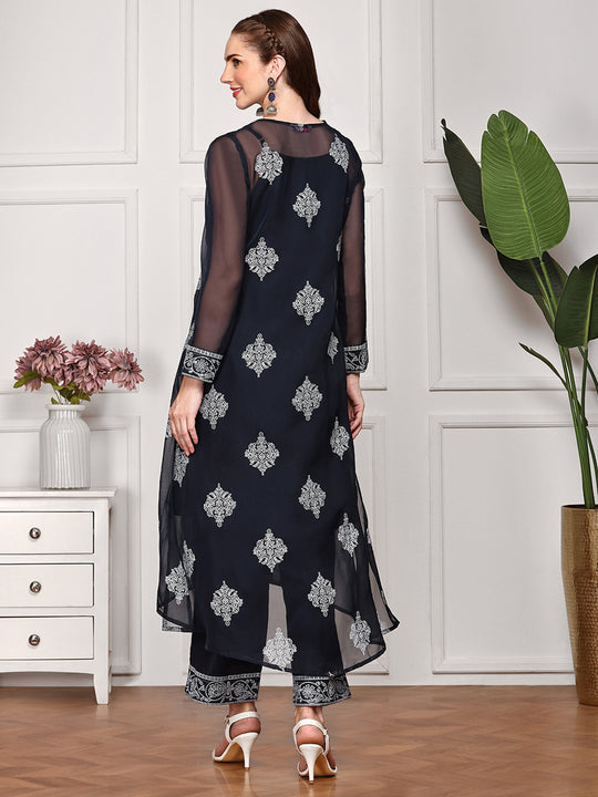Floral Printed Round Neck Straight Kurta with Palazzos & Jacket