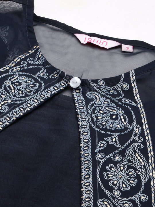 Floral Printed Round Neck Straight Kurta with Palazzos & Jacket