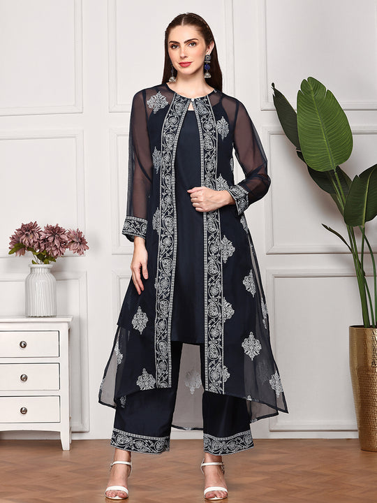 Floral Printed Round Neck Straight Kurta with Palazzos & Jacket