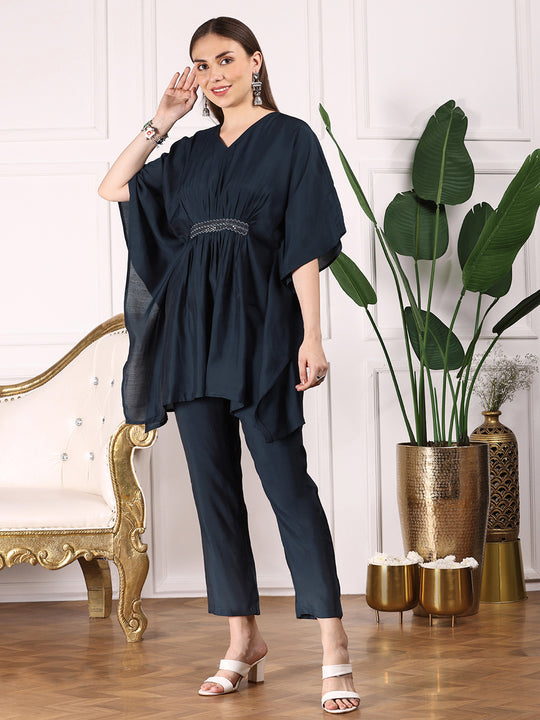 Navy Blue Kimono Sleeve Asymmetric Kaftan Kurti with Trousers