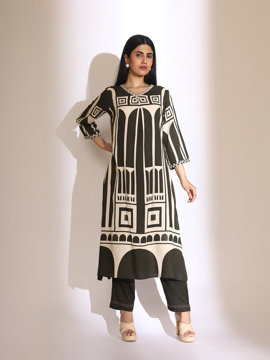 Geometric Quirky Printed A- Line Kurta & Trouser with Embroidered Hem
