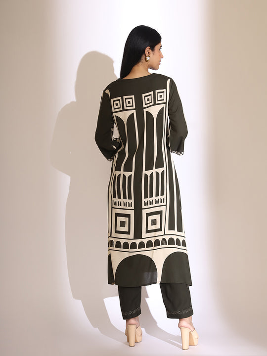 Geometric Quirky Printed A- Line Kurta & Trouser with Embroidered Hem