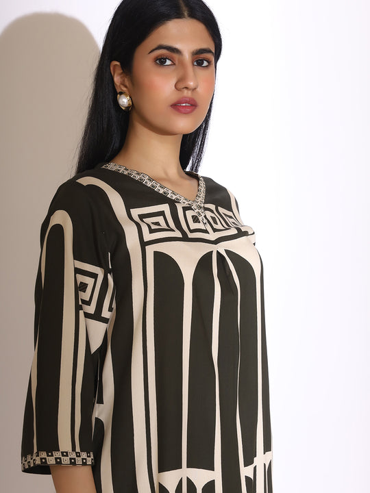 Geometric Quirky Printed A- Line Kurta & Trouser with Embroidered Hem