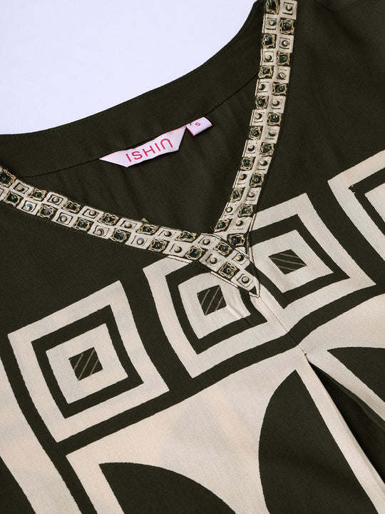 Geometric Quirky Printed A- Line Kurta & Trouser with Embroidered Hem