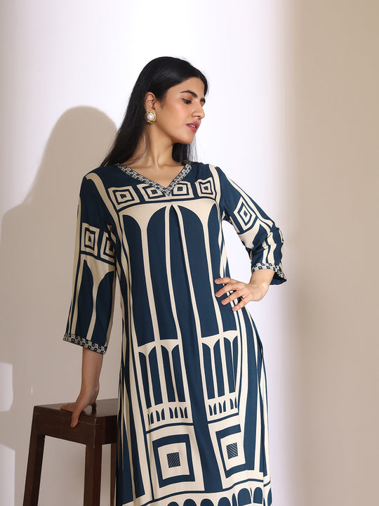 Geometric Quirky Printed A- Line Kurta and Pants with Embroidered Hem