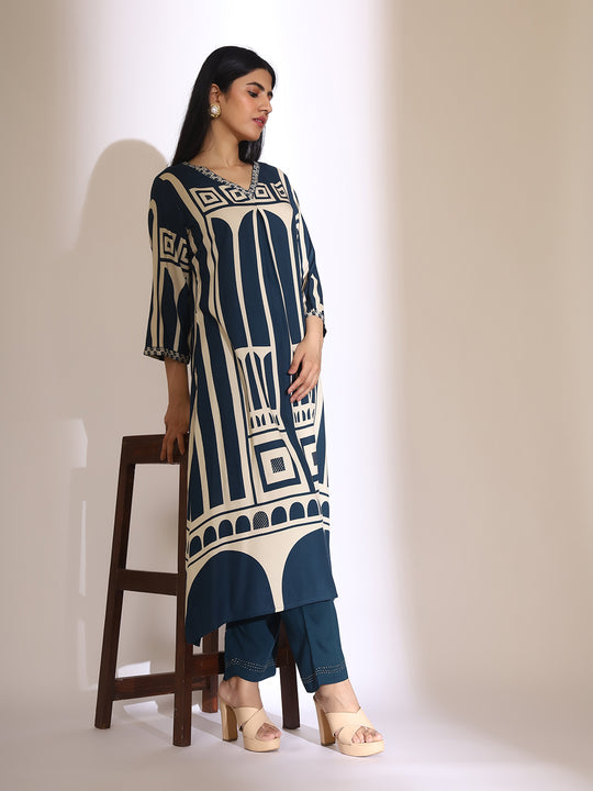 Geometric Quirky Printed A- Line Kurta and Pants with Embroidered Hem