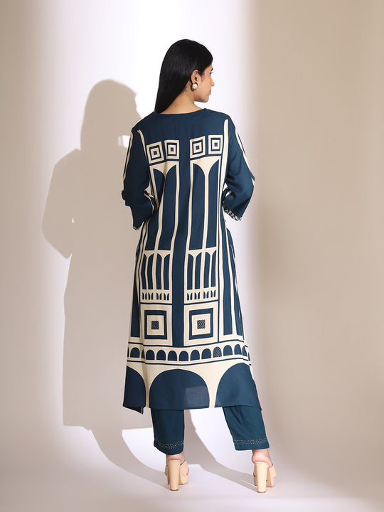 Geometric Quirky Printed A- Line Kurta and Pants with Embroidered Hem