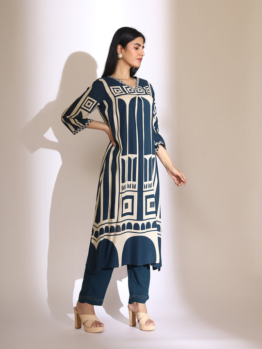 Geometric Quirky Printed A- Line Kurta and Pants with Embroidered Hem