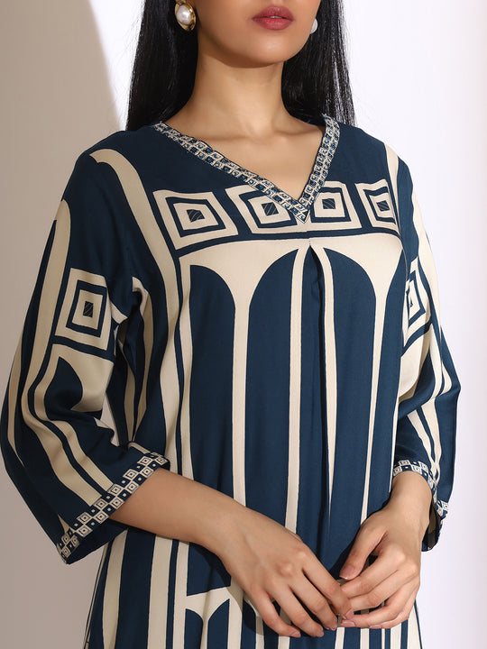 Geometric Quirky Printed A- Line Kurta and Pants with Embroidered Hem