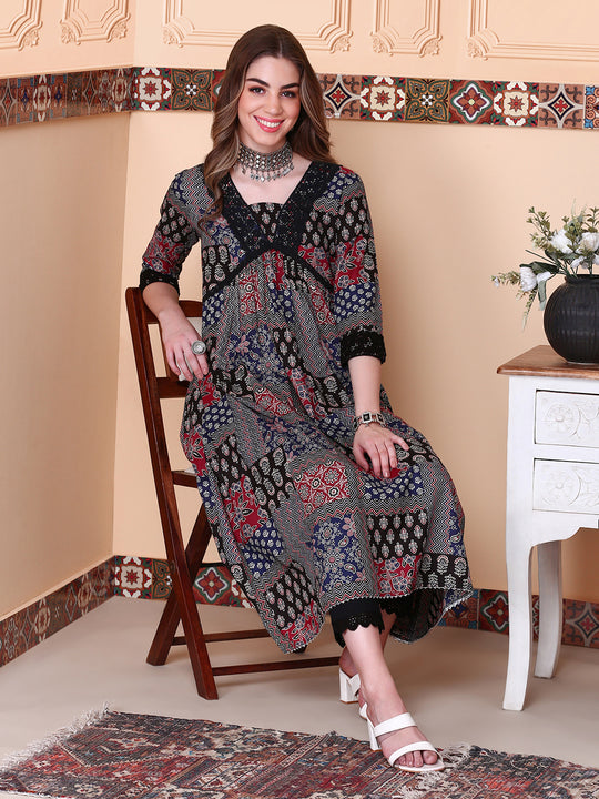 V-Neck Floral Printed Empire Pure Cotton A-Line Kurta with Trousers