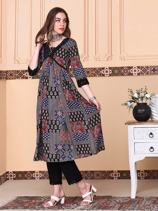 V-Neck Floral Printed Empire Pure Cotton A-Line Kurta with Trousers