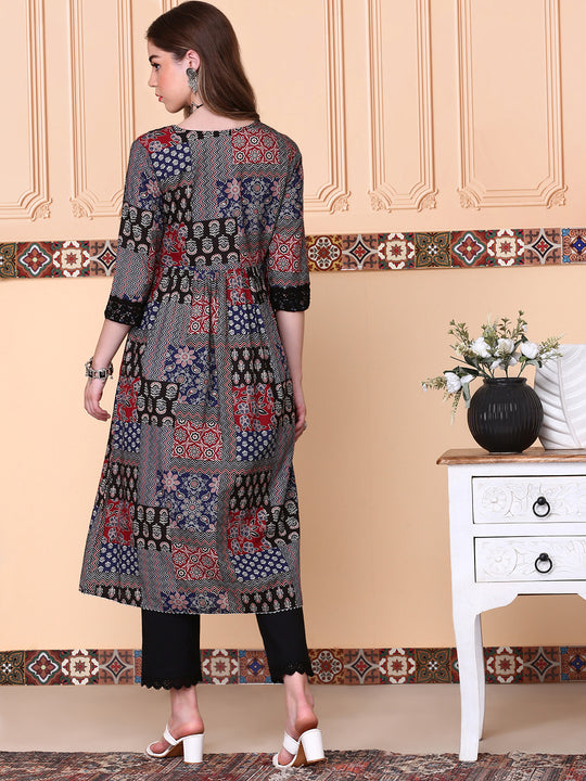 V-Neck Floral Printed Empire Pure Cotton A-Line Kurta with Trousers