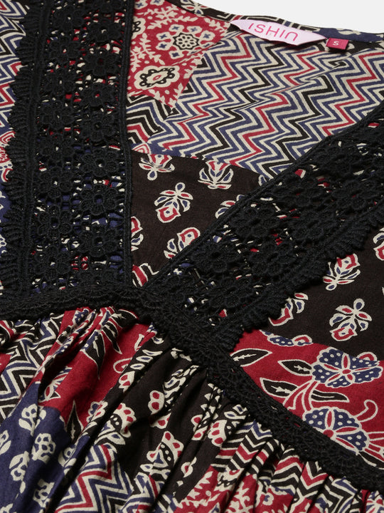 V-Neck Floral Printed Empire Pure Cotton A-Line Kurta with Trousers