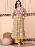 Floral Printed V-Neck Empire Pure Cotton Kurta with Trousers