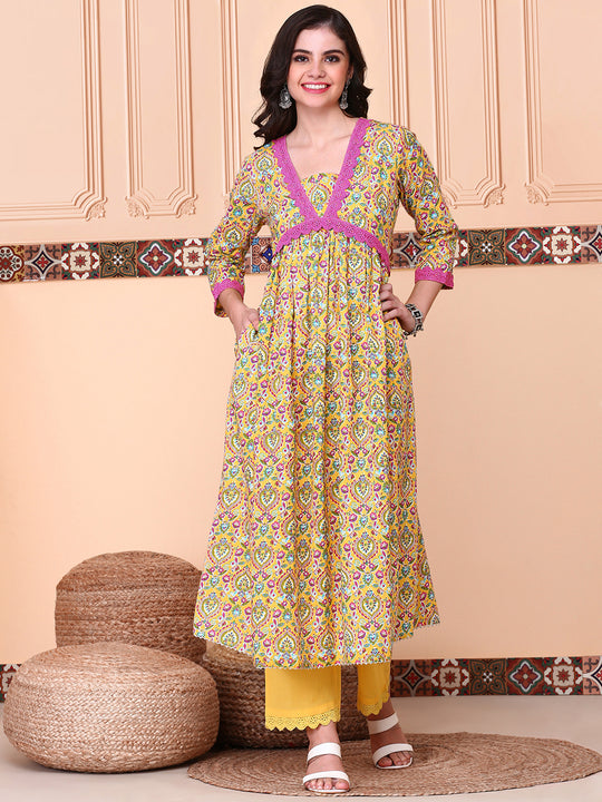 Floral Printed V-Neck Empire Pure Cotton Kurta with Trousers