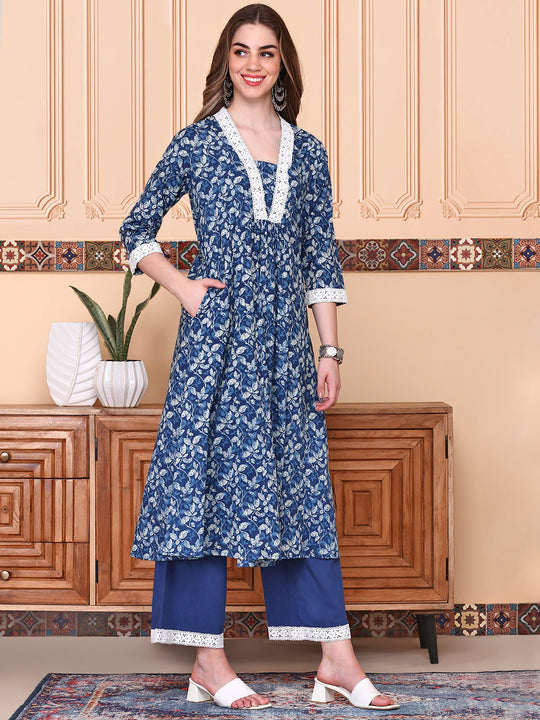 V-Neck Floral Printed Regular Pure Cotton A-Line Kurta with Palazzos