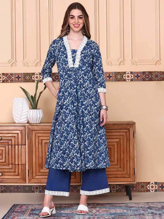 V-Neck Floral Printed Regular Pure Cotton A-Line Kurta with Palazzos