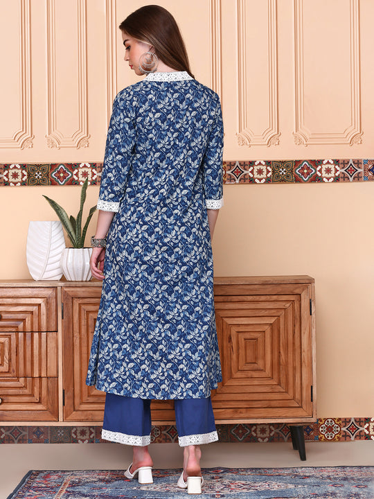 V-Neck Floral Printed Regular Pure Cotton A-Line Kurta with Palazzos