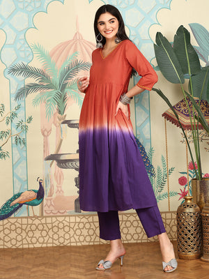 Rust Ombre Dyed V-Neck Pure Cotton Anarkali Kurta With Trousers