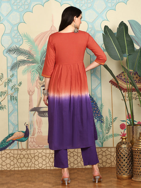 Rust Ombre Dyed V-Neck Pure Cotton Anarkali Kurta With Trousers