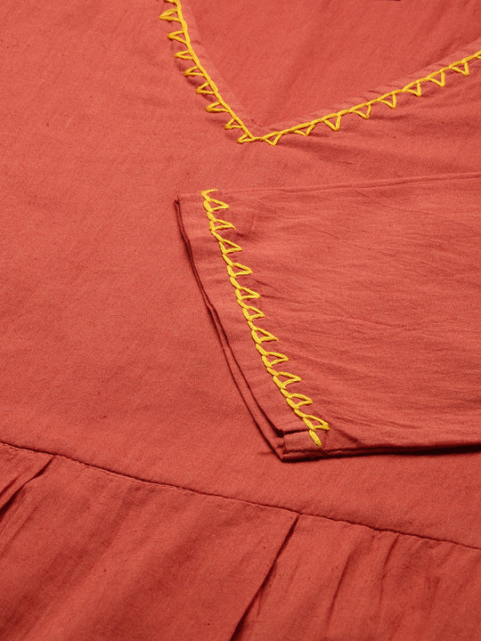 Rust Ombre Dyed V-Neck Pure Cotton Anarkali Kurta With Trousers
