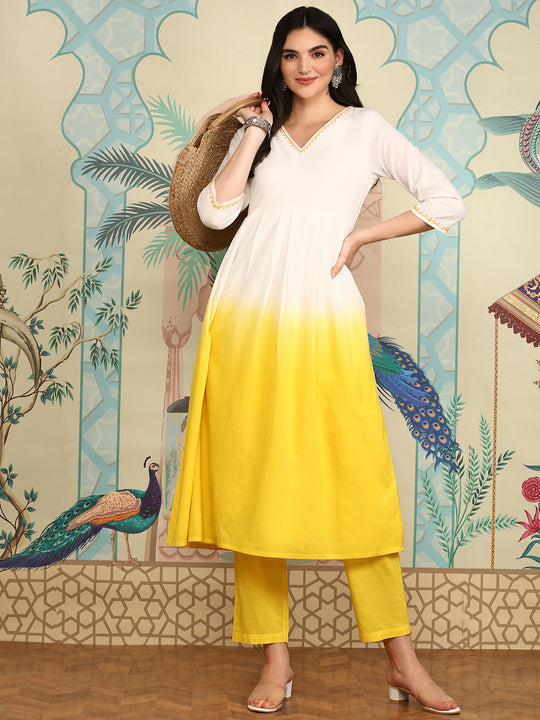 Yellow Ombre Dyed Angrakha Pure Cotton Anarkali Kurta With Trousers