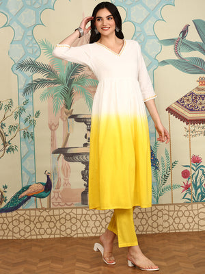 Yellow Ombre Dyed Angrakha Pure Cotton Anarkali Kurta With Trousers