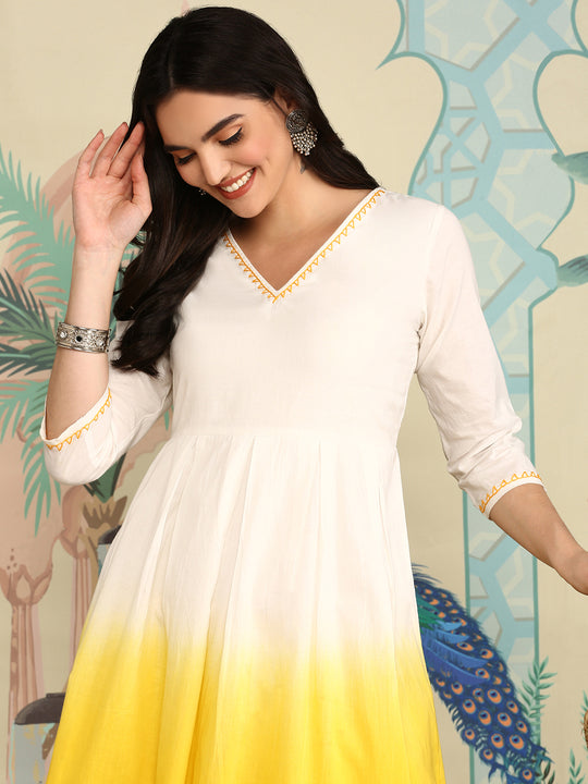 Yellow Ombre Dyed Angrakha Pure Cotton Anarkali Kurta With Trousers