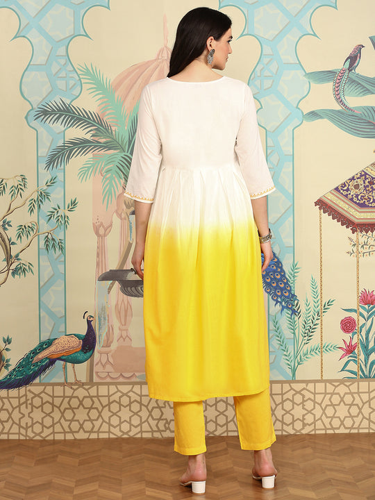 Yellow Ombre Dyed Angrakha Pure Cotton Anarkali Kurta With Trousers