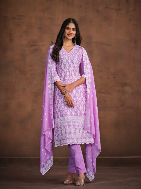 Embroidered Regular Chikankari Pure Cotton Kurta with Trousers & Dupatta