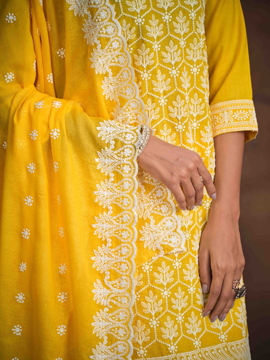 Embroidered Regular Chikankari Pure Cotton Kurta with Trousers & Dupatta