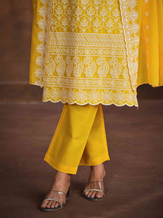Embroidered Regular Chikankari Pure Cotton Kurta with Trousers & Dupatta