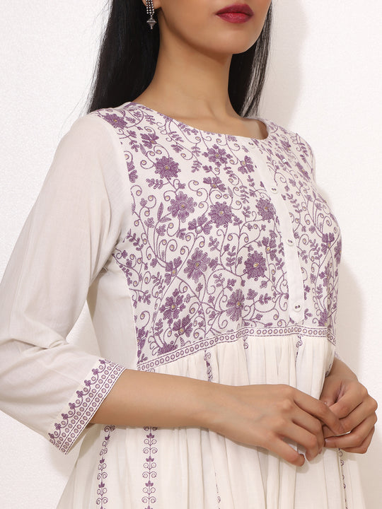 Floral Embroidered Round Neck Three-Quarter Sleeves Pure Cotton Kurta Set